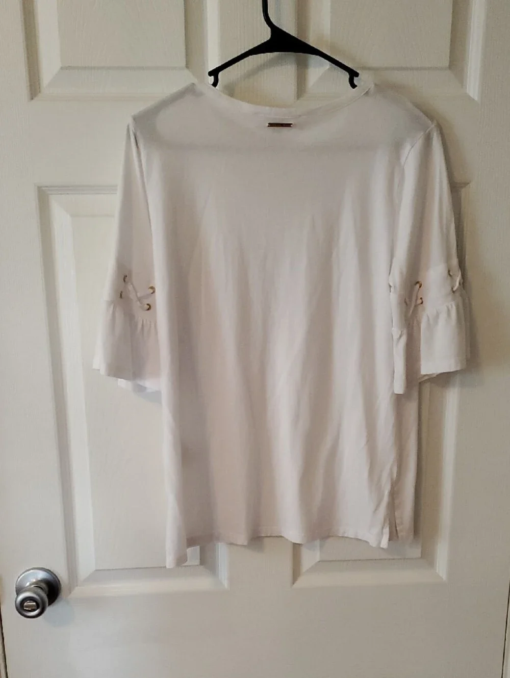 Michael Kors White Scoop Neck Short Sleeve Top with Grommet Sleeve Detail